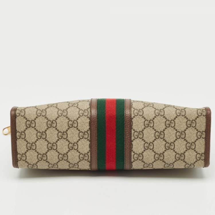 Pre Owned Gucci Beige/Brown GG Supreme Canvas and Leather Medium Ophidia Pouch 