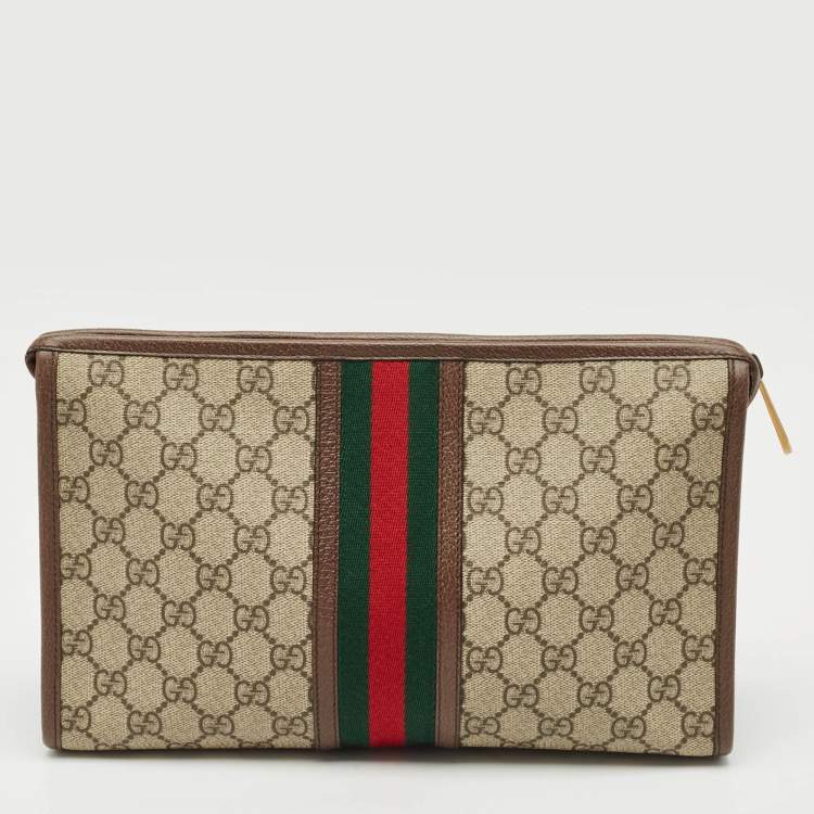 Pre Owned Gucci Beige/Brown GG Supreme Canvas and Leather Medium Ophidia Pouch 