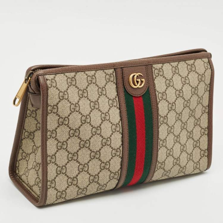 Pre Owned Gucci Beige/Brown GG Supreme Canvas and Leather Medium Ophidia Pouch 