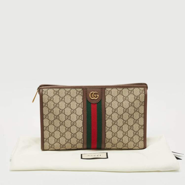 Pre Owned Gucci Beige/Brown GG Supreme Canvas and Leather Medium Ophidia Pouch 
