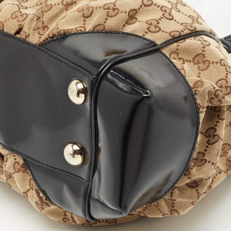 Pre Owned Gucci Black/Beige GG Canvas/Patent Leather Medium Full Moon Tote 