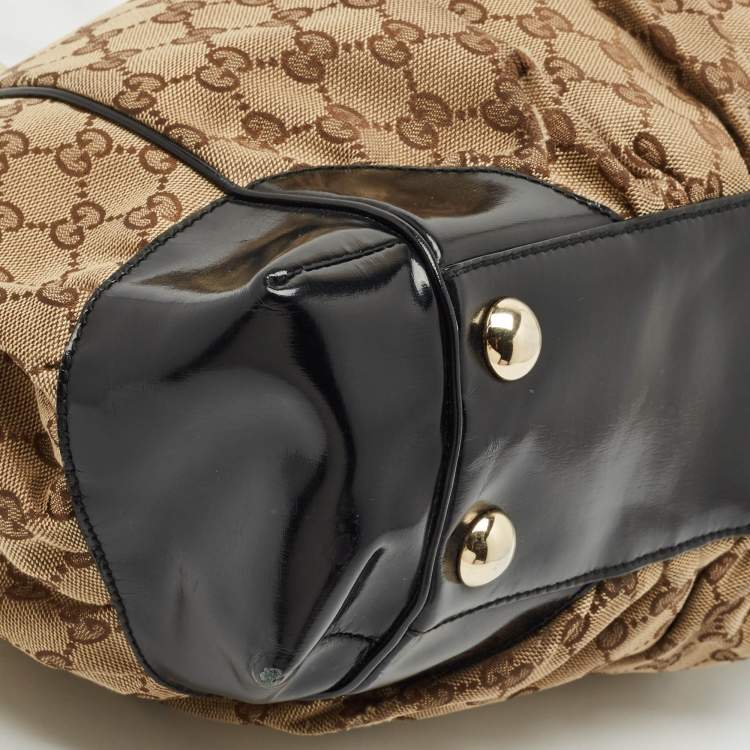 Pre Owned Gucci Black/Beige GG Canvas/Patent Leather Medium Full Moon Tote 