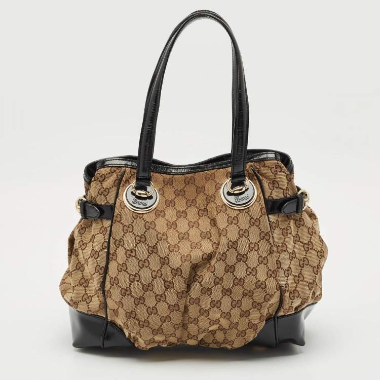 Pre Owned Gucci Black/Beige GG Canvas/Patent Leather Medium Full Moon Tote 