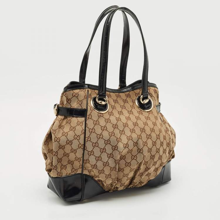 Pre Owned Gucci Black/Beige GG Canvas/Patent Leather Medium Full Moon Tote 