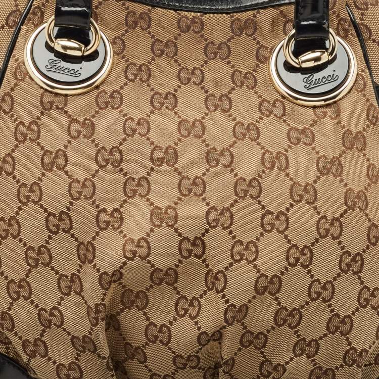 Pre Owned Gucci Black/Beige GG Canvas/Patent Leather Medium Full Moon Tote 