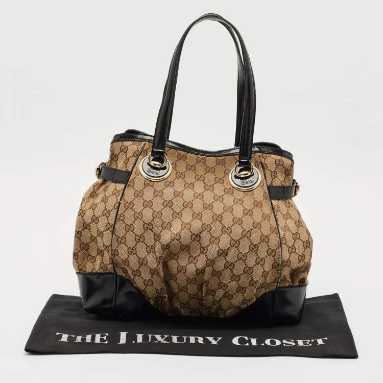 Pre Owned Gucci Black/Beige GG Canvas/Patent Leather Medium Full Moon Tote 