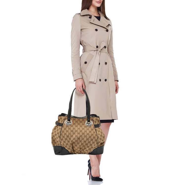 Pre Owned Gucci Black/Beige GG Canvas/Patent Leather Medium Full Moon Tote 