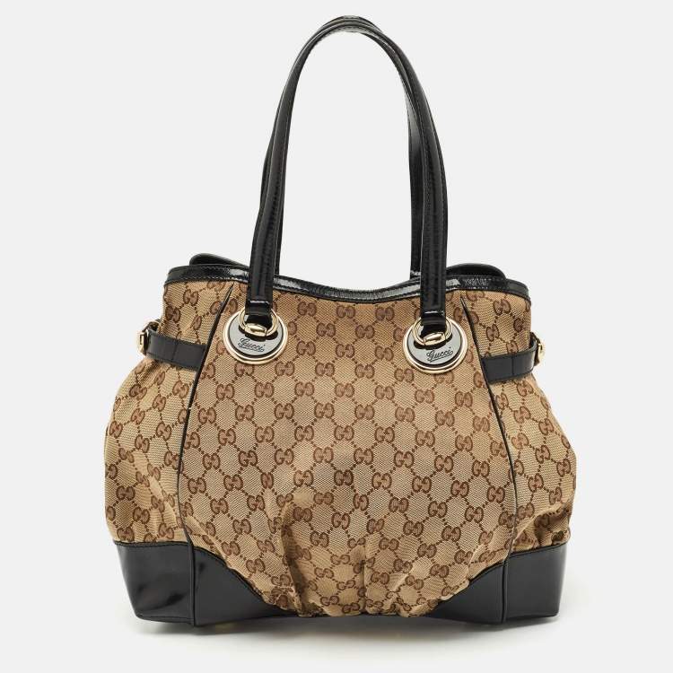 Pre Owned Gucci Black/Beige GG Canvas/Patent Leather Medium Full Moon Tote 