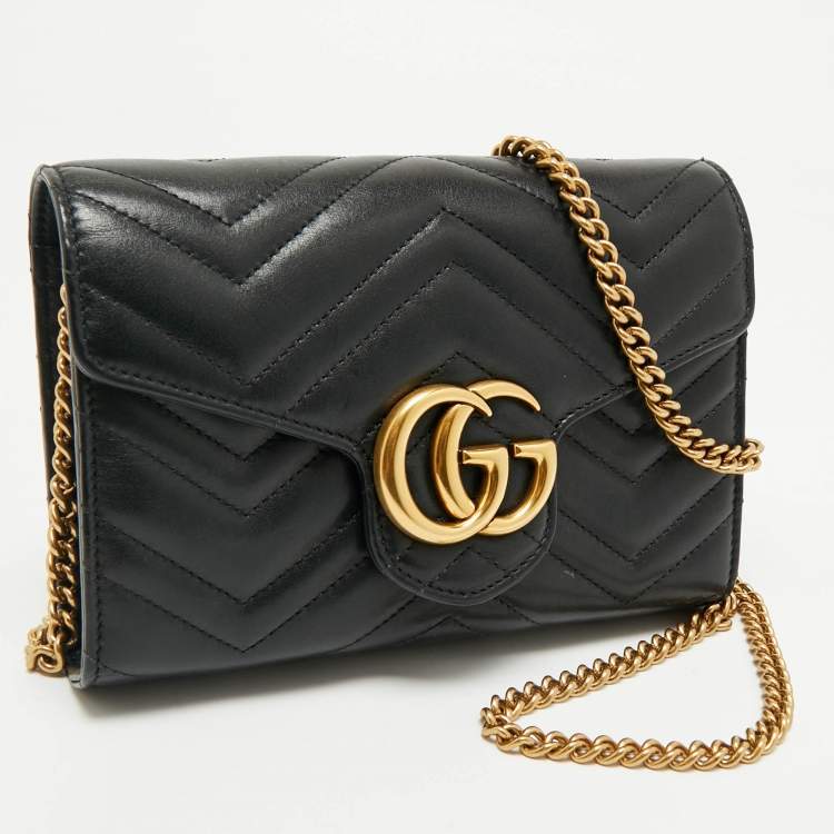 Pre Owned Gucci Black Matelassé Leather GG Marmont Wallet on Chain