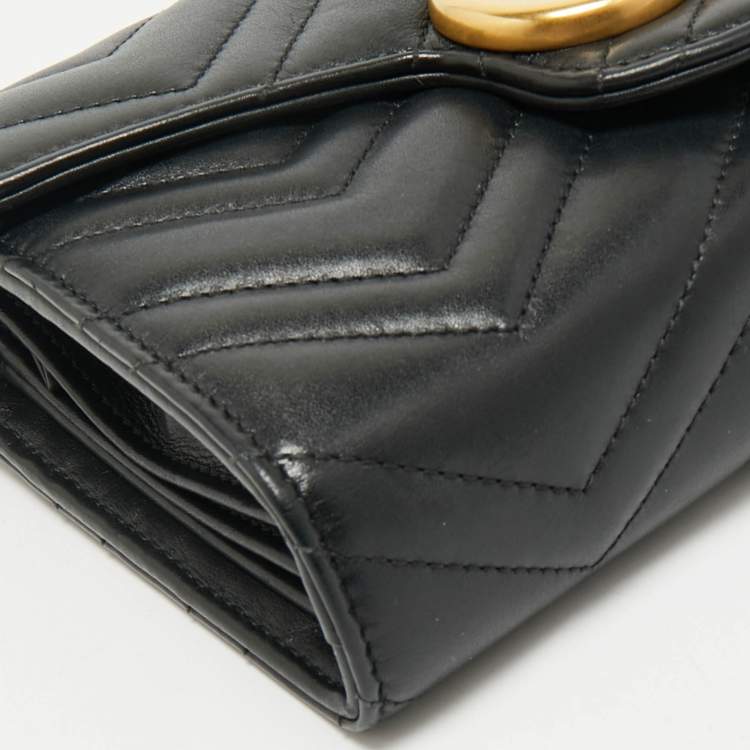 Pre Owned Gucci Black Matelassé Leather GG Marmont Wallet on Chain