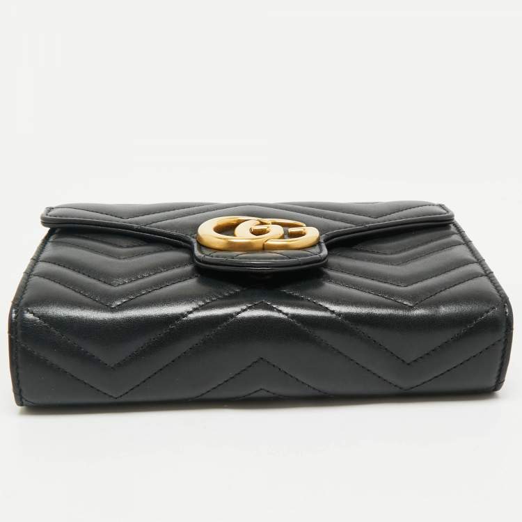 Pre Owned Gucci Black Matelassé Leather GG Marmont Wallet on Chain