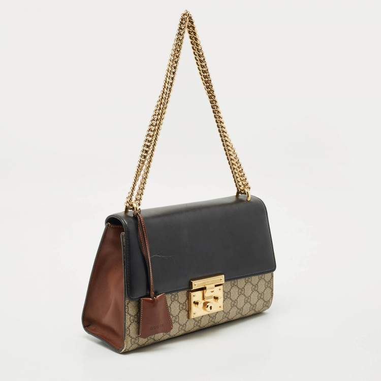 Pre Owned Gucci Beige/Black GG Supreme Canvas and Leather Medium Padlock Shoulder Bag