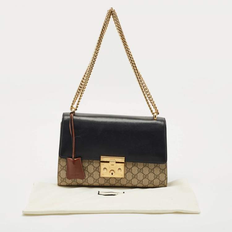 Pre Owned Gucci Beige/Black GG Supreme Canvas and Leather Medium Padlock Shoulder Bag