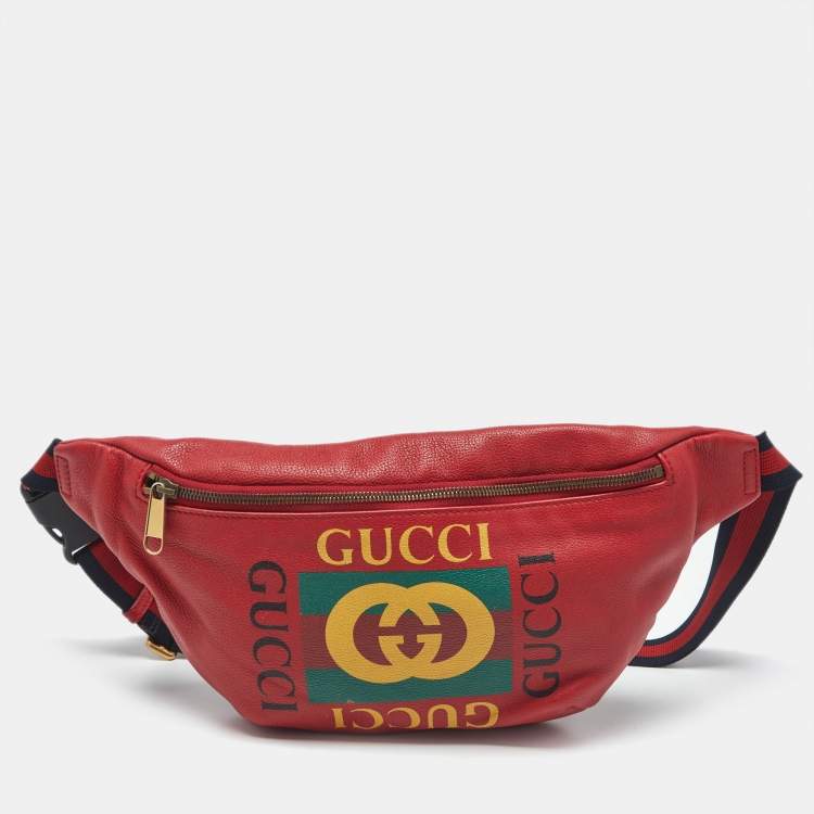 Pre Owned Gucci Red Leather Logo Web Belt Bag