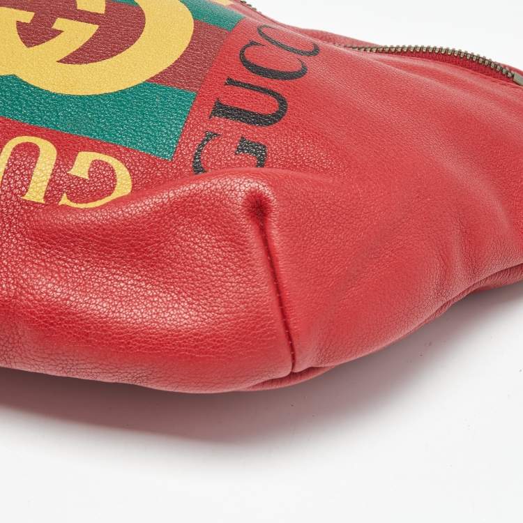 Pre Owned Gucci Red Leather Logo Web Belt Bag