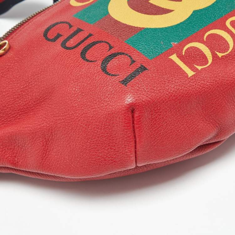 Pre Owned Gucci Red Leather Logo Web Belt Bag