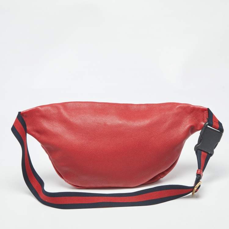 Pre Owned Gucci Red Leather Logo Web Belt Bag