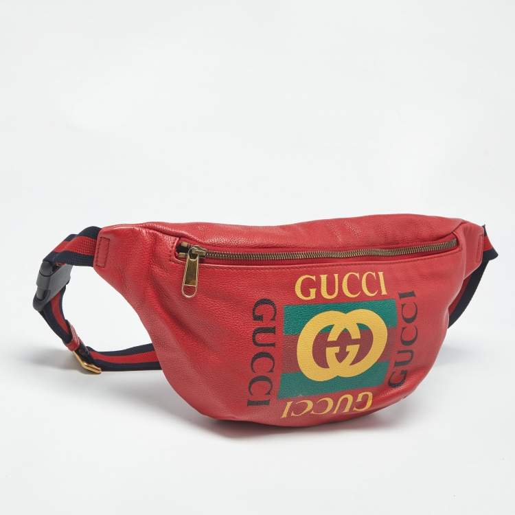 Pre Owned Gucci Red Leather Logo Web Belt Bag