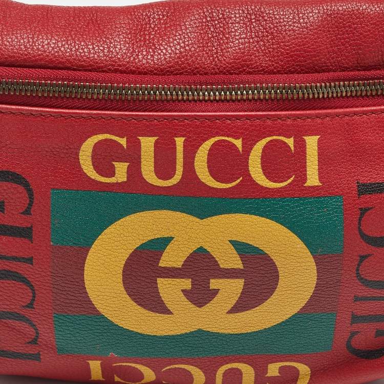 Pre Owned Gucci Red Leather Logo Web Belt Bag