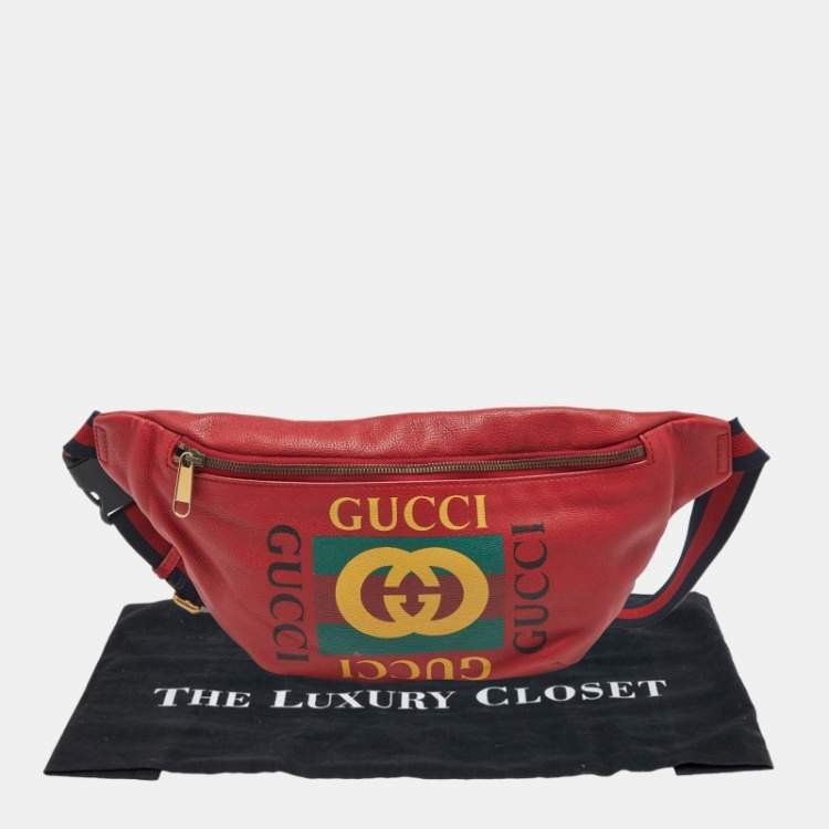 Pre Owned Gucci Red Leather Logo Web Belt Bag