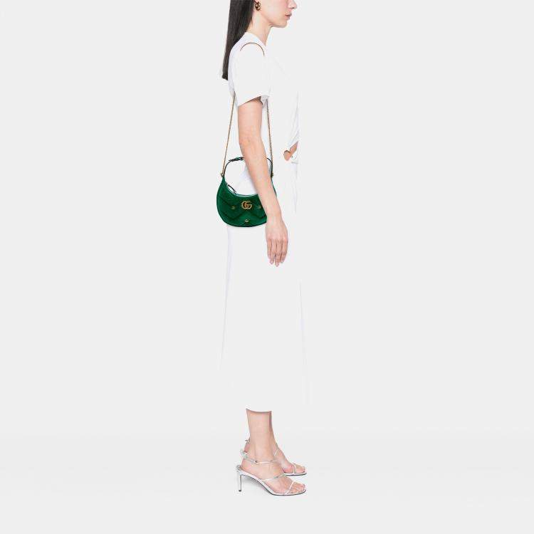 Pre Owned Gucci Green Mini GG Marmont Matelasse Velvet Torchon Half Moon Bag