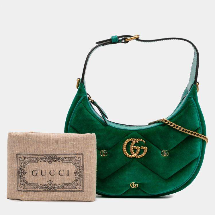 Pre Owned Gucci Green Mini GG Marmont Matelasse Velvet Torchon Half Moon Bag