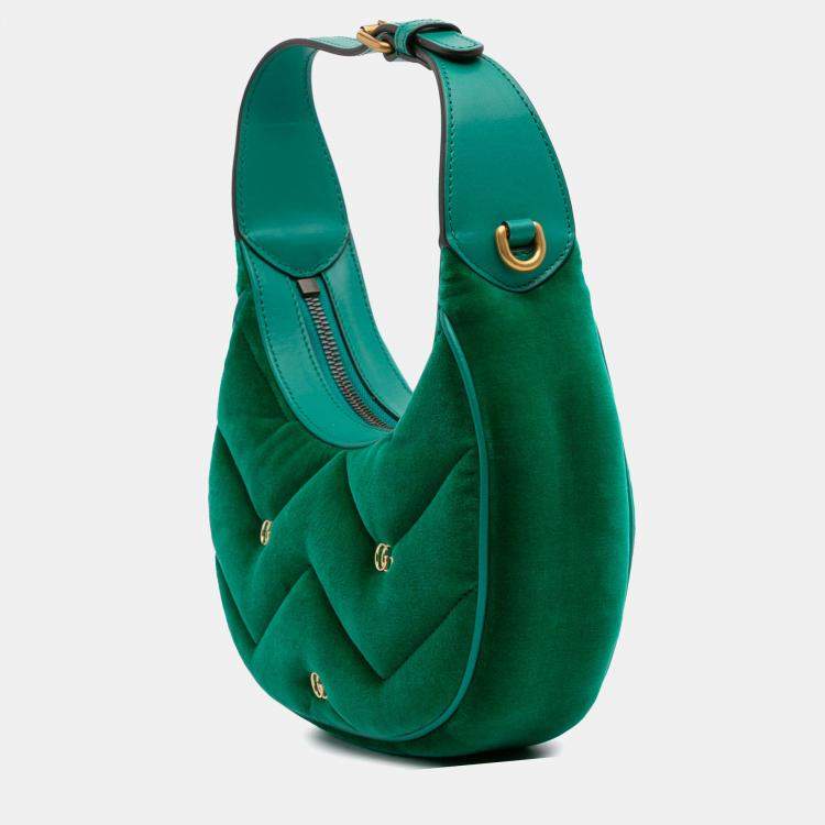 Pre Owned Gucci Green Mini GG Marmont Matelasse Velvet Torchon Half Moon Bag