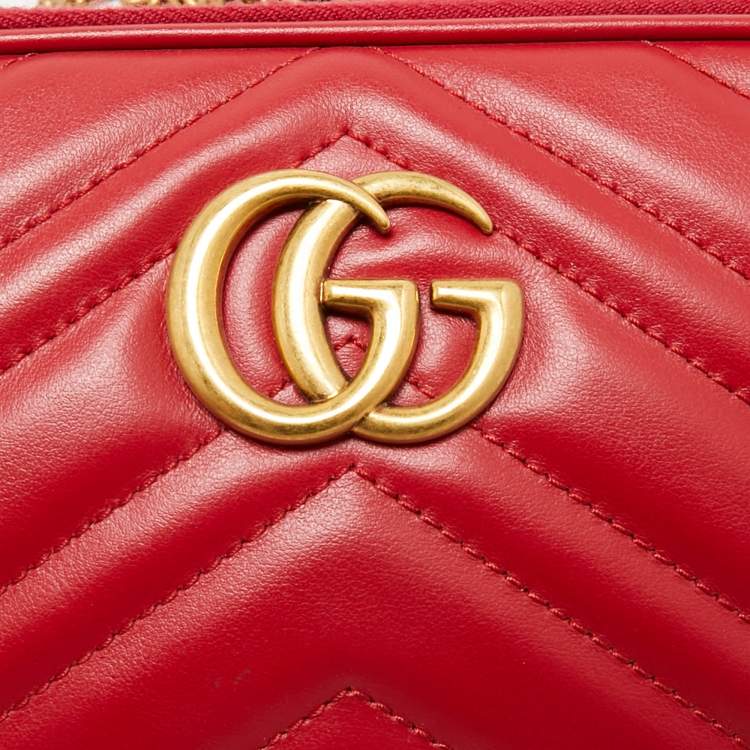 Pre Owned Gucci Red Matelassé Leather GG Marmont Zip Around Wallet On Chain
