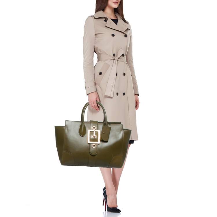 Pre Owned Gucci Olive Green Leather Lady Buckle Tote