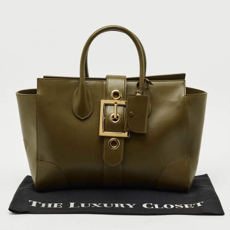 Pre Owned Gucci Olive Green Leather Lady Buckle Tote