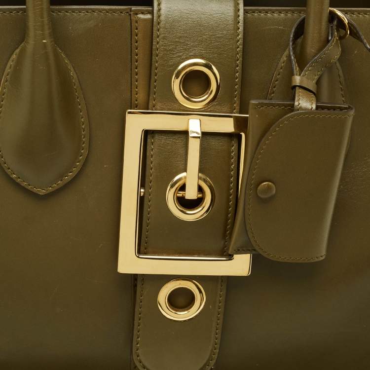 Pre Owned Gucci Olive Green Leather Lady Buckle Tote