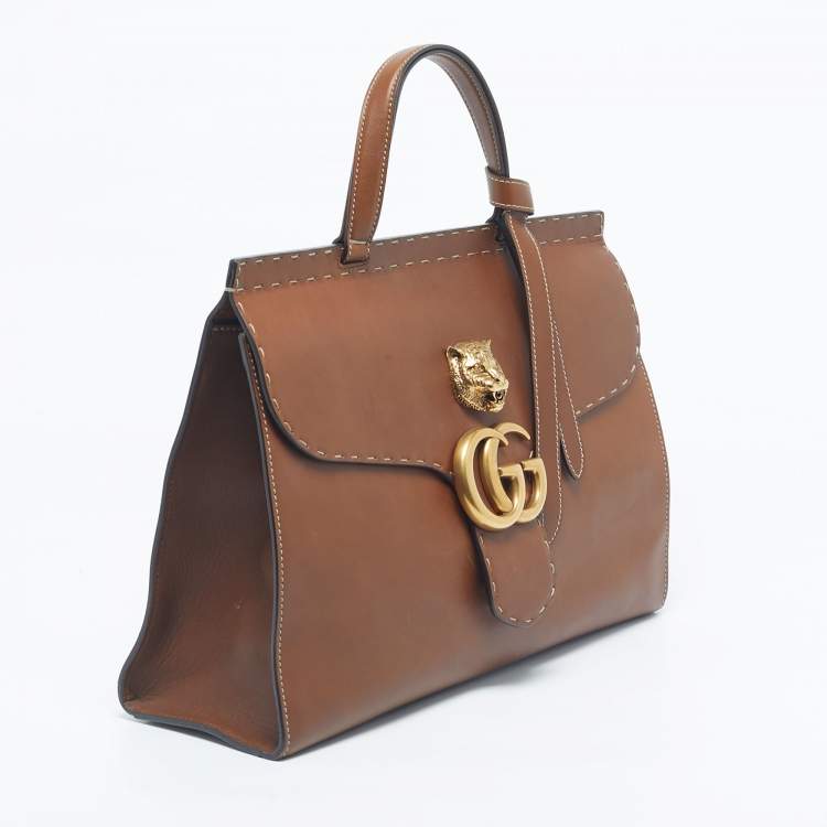 Pre Owned Gucci Brown Leather Medium GG Marmont Animalier Top Handle Bag