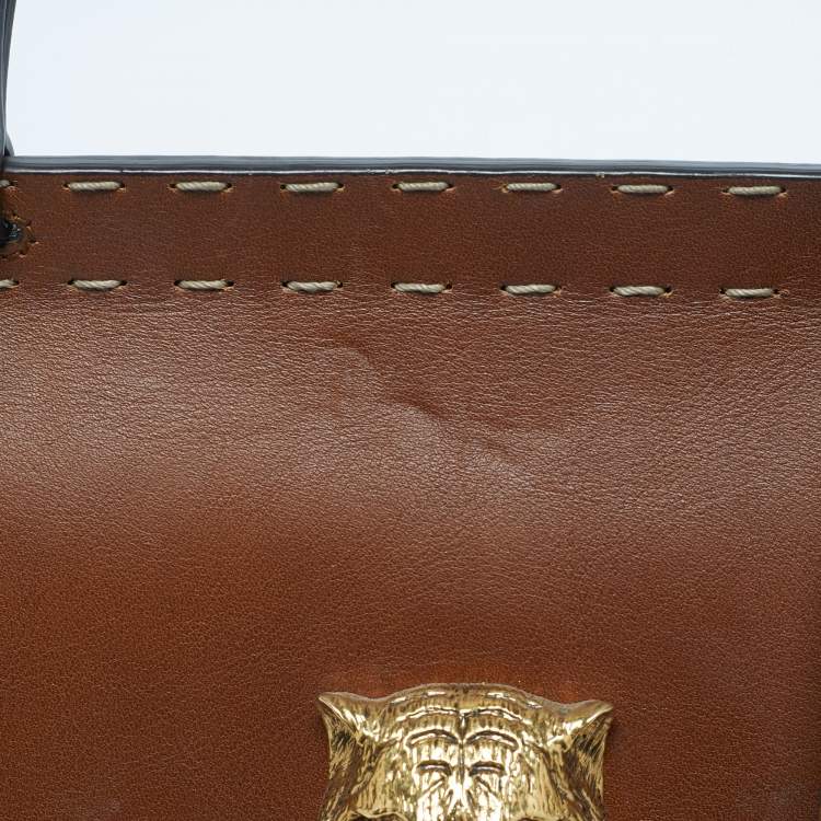 Pre Owned Gucci Brown Leather Medium GG Marmont Animalier Top Handle Bag