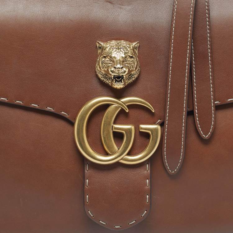 Pre Owned Gucci Brown Leather Medium GG Marmont Animalier Top Handle Bag