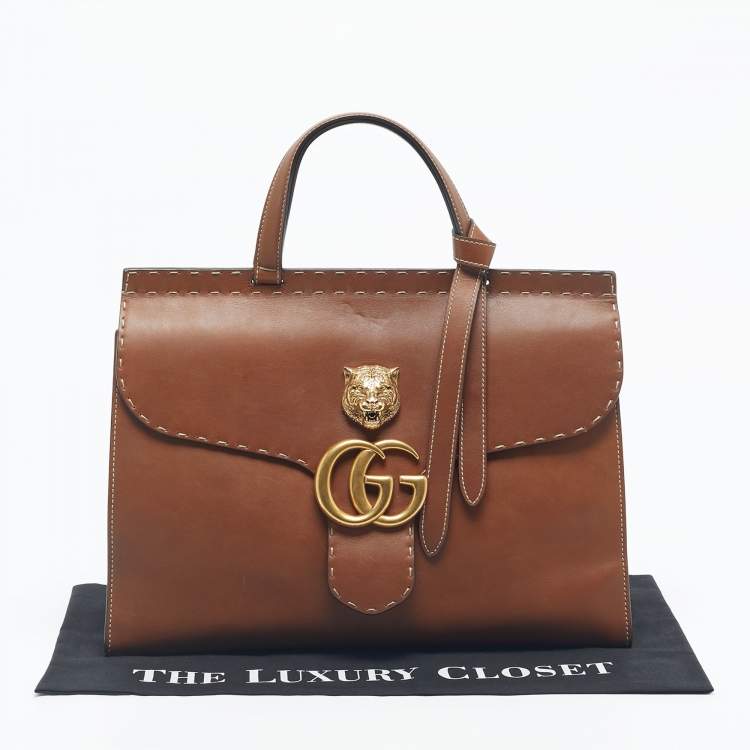 Pre Owned Gucci Brown Leather Medium GG Marmont Animalier Top Handle Bag