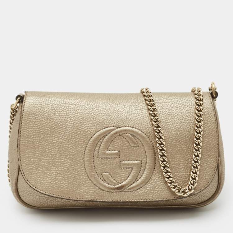 Pre Owned Gucci Beige Leather Soho Flap Chain Shoulder Bag