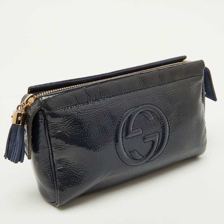 Pre Owned Gucci Navy Blue Patent Leather Soho Cosmetic Pouch Clutch