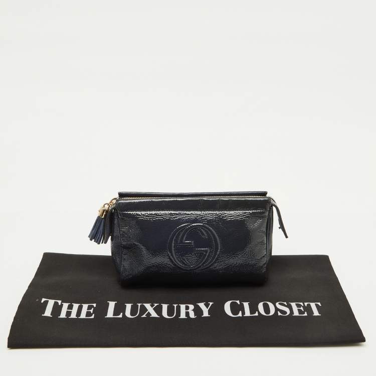 Pre Owned Gucci Navy Blue Patent Leather Soho Cosmetic Pouch Clutch