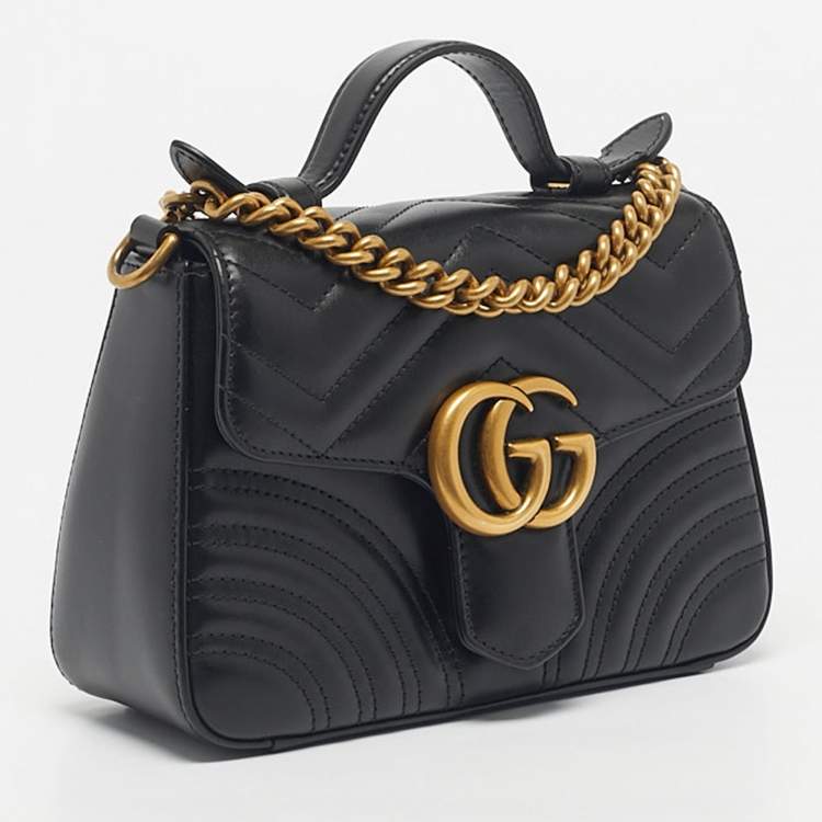 Pre Owned Gucci Black Matelassé Leather Mini GG Marmont Top Handle Bag