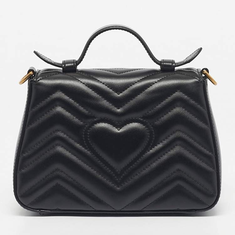 Pre Owned Gucci Black Matelassé Leather Mini GG Marmont Top Handle Bag
