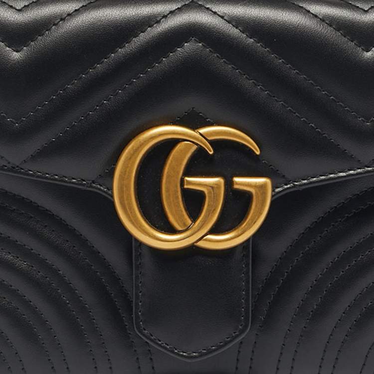 Pre Owned Gucci Black Matelassé Leather Mini GG Marmont Top Handle Bag