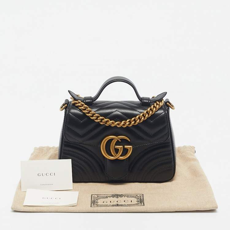 Pre Owned Gucci Black Matelassé Leather Mini GG Marmont Top Handle Bag