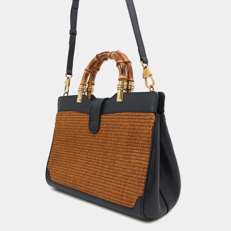 Pre Owned Gucci Double GG Bamboo Top Handle Navy Straw Leather Japan Edition Bag