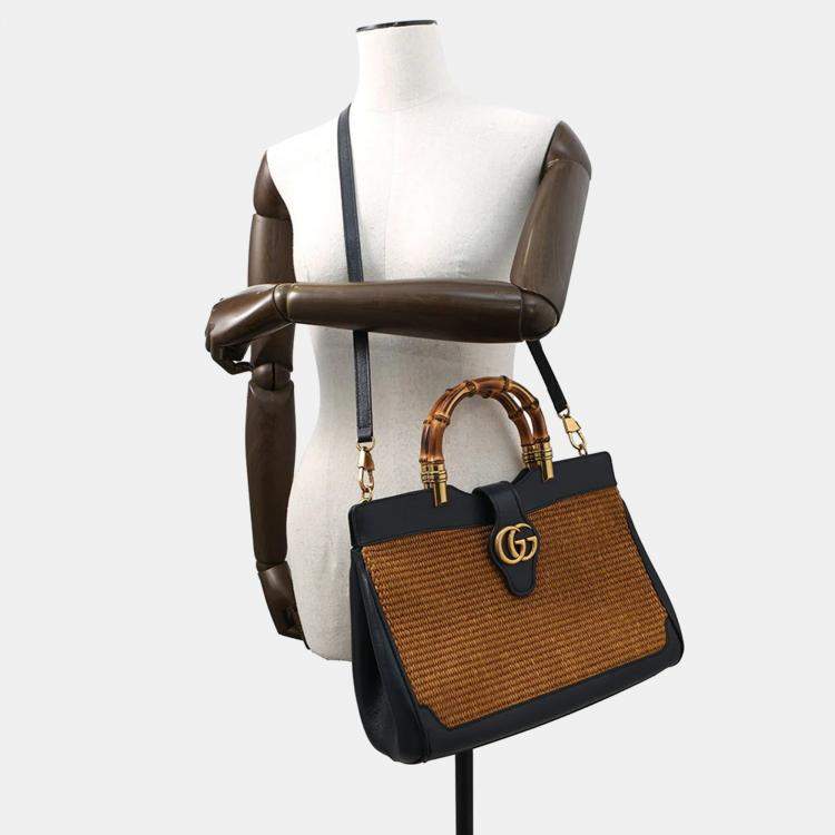 Pre Owned Gucci Double GG Bamboo Top Handle Navy Straw Leather Japan Edition Bag