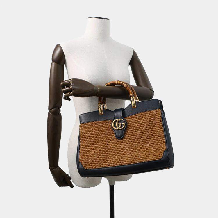 Pre Owned Gucci Double GG Bamboo Top Handle Navy Straw Leather Japan Edition Bag