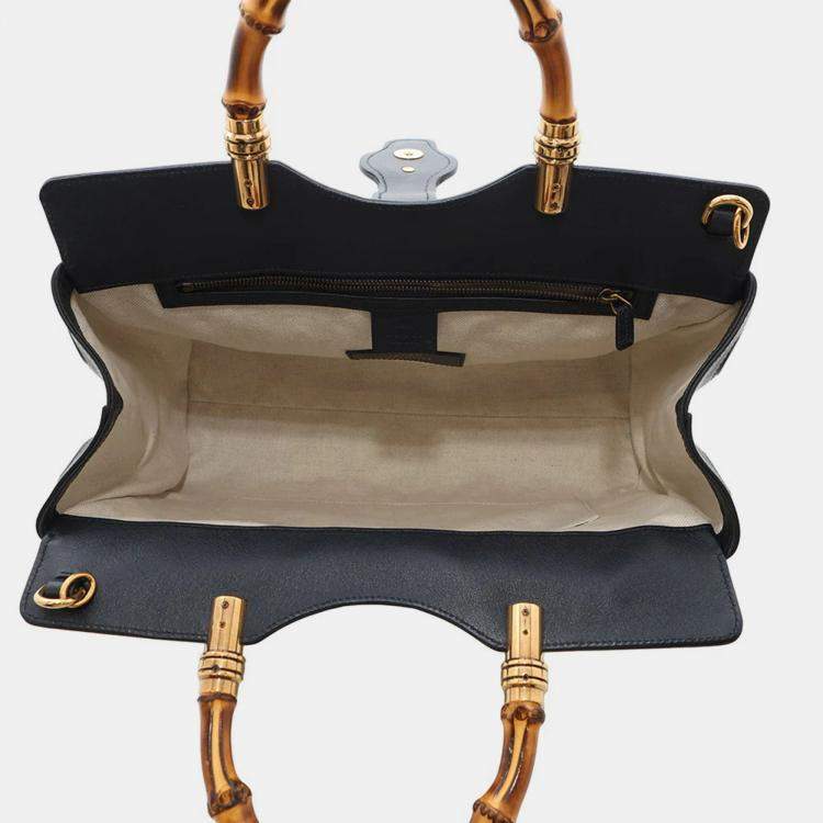 Pre Owned Gucci Double GG Bamboo Top Handle Navy Straw Leather Japan Edition Bag