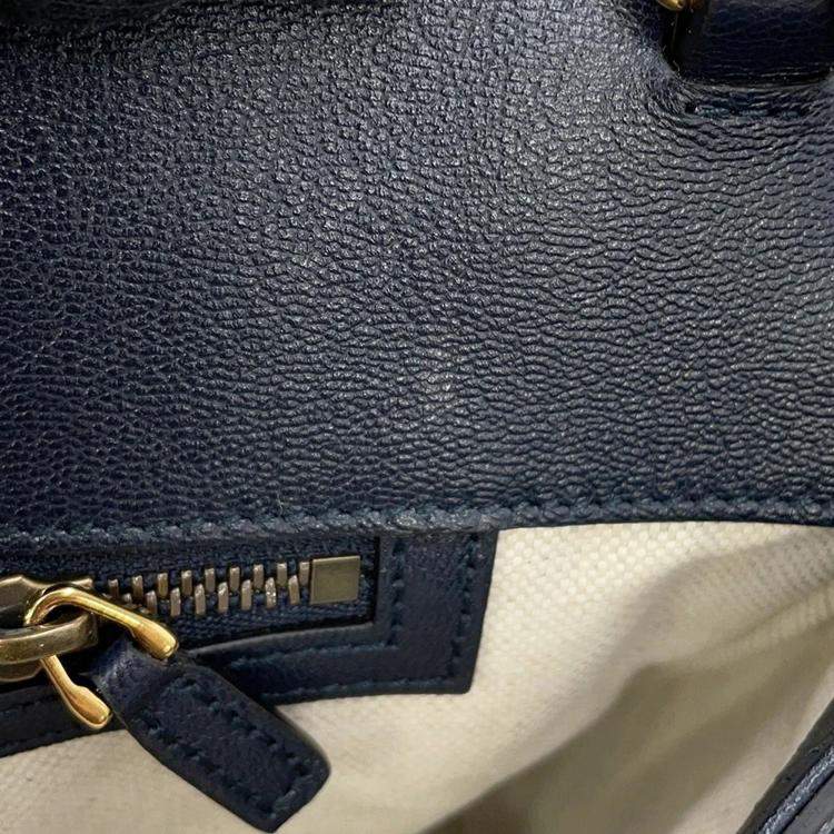 Pre Owned Gucci Double GG Bamboo Top Handle Navy Straw Leather Japan Edition Bag