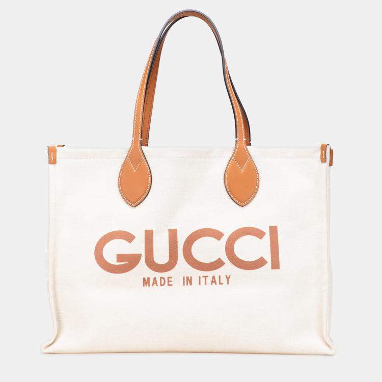 Pre Owned Gucci Brown White Large Canvas Logo Tote