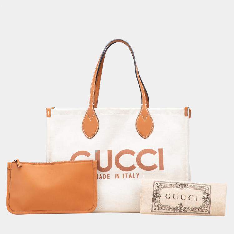 Pre Owned Gucci Brown White Large Canvas Logo Tote