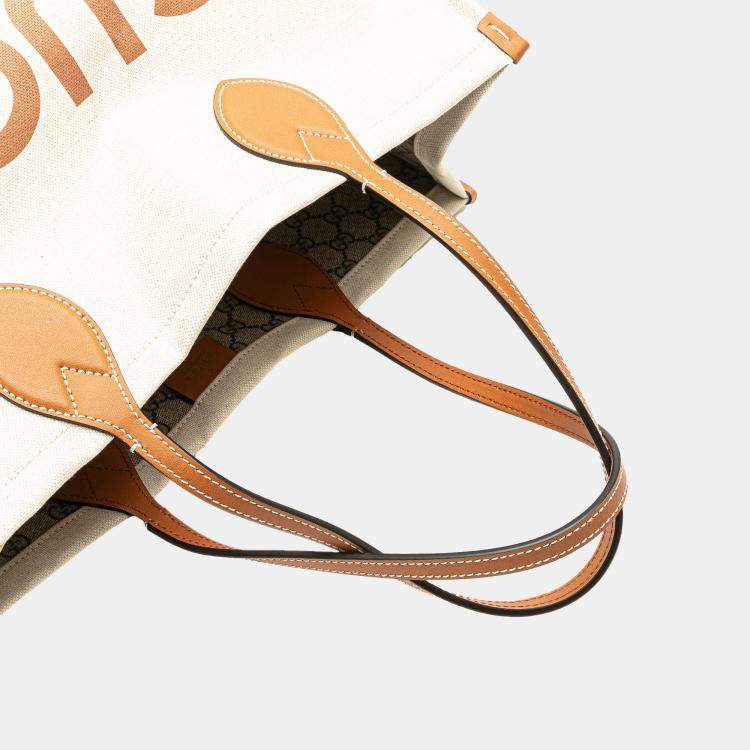 Pre Owned Gucci Brown White Large Canvas Logo Tote